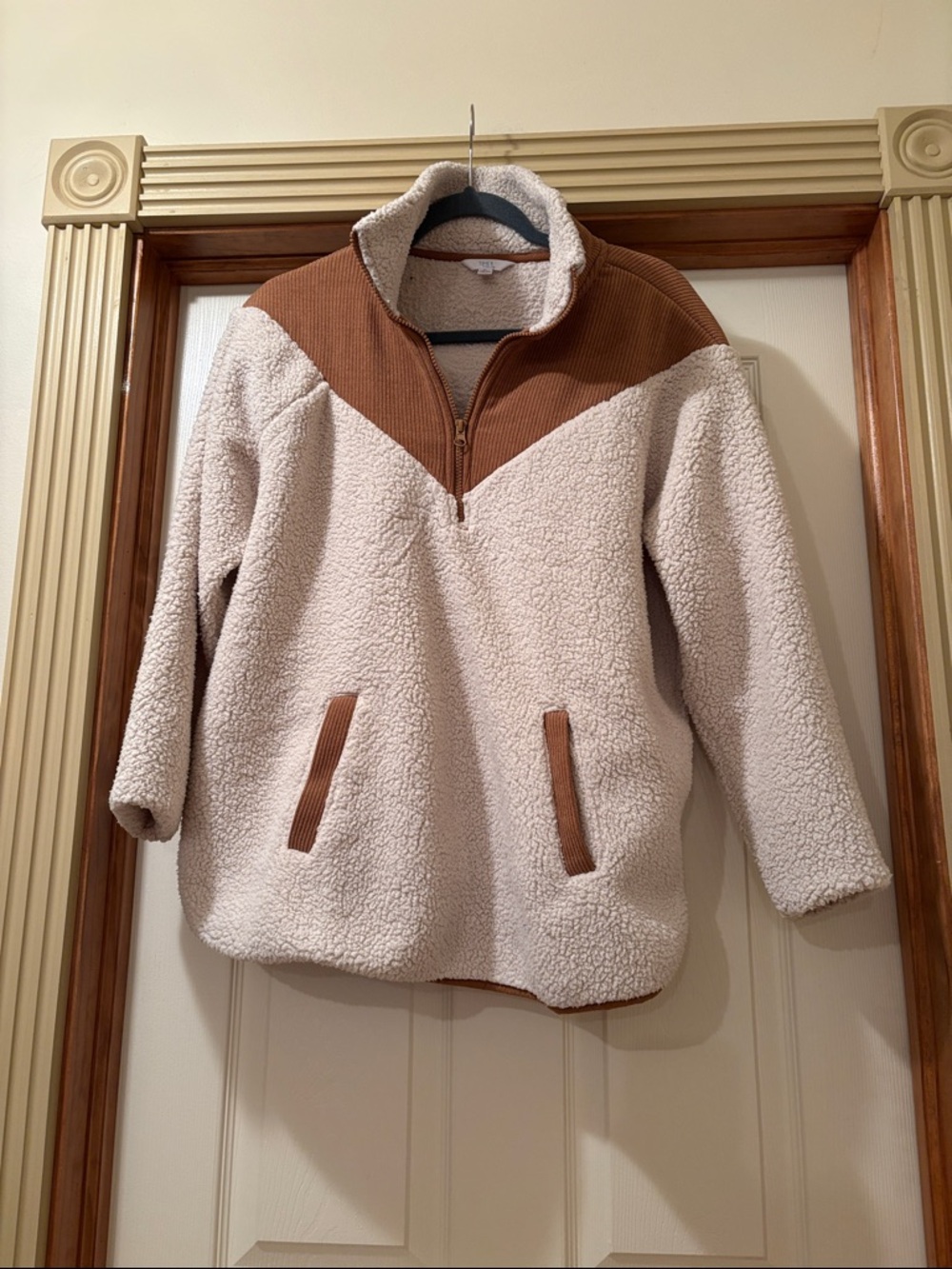 Time and Tru Cream Sherpa Hoodie with Brown Trim
